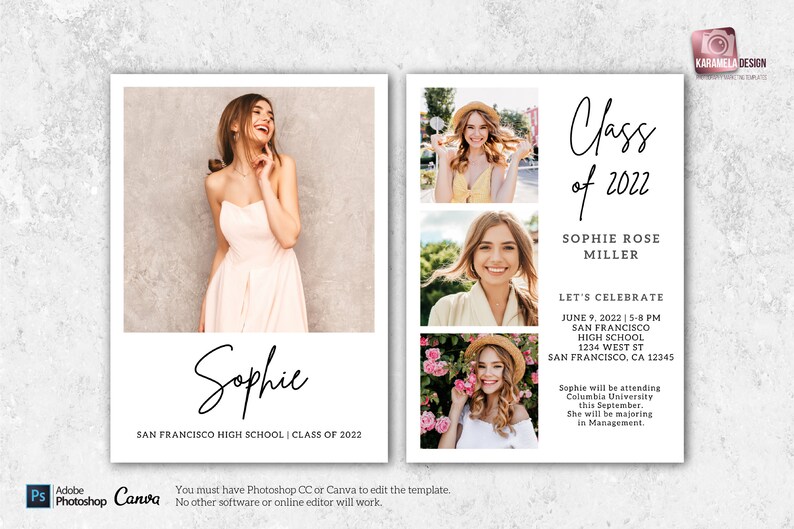 May include: Graduation announcement for Sophie Rose Miller, Class of 2022. The announcement features a photo of Sophie in a white dress and four smaller photos of her. The announcement includes the date, time, and location of the graduation ceremony. It also states that Sophie will be attending Columbia University in the fall and majoring in Management.