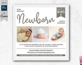 Editable Photo Sessions Template for Photographers, Canva Template, Photoshop Template, Newborn Mini Session Marketing Board