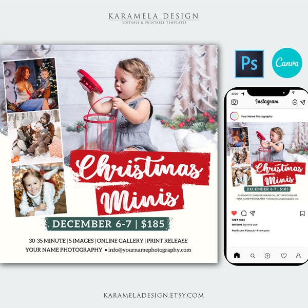 Christmas Mini Sessions Template, Holiday Marketing Board for Photographers, Photoshop and Canva