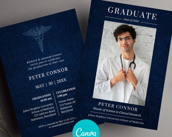 Navy Blue Medical School Graduation Invitation Template | Elegant Doctor Graduation Ceremony Invite | Canva Template