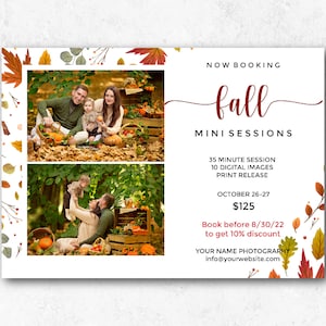 Herbst Mini Sessions Marketing Vorlage für Fotografen, Familien Sessions, Herbst Minis Marketing Board, Photoshop Vorlage, Canva Vorlage