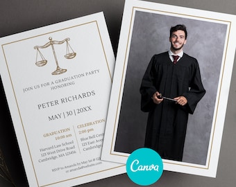 Modern Law School Graduation Invite Template with Photo, Lawyer Graduation Ceremony Invitation, Canva Template