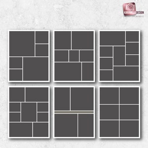 May include: Six different photo collage templates with white borders and a gray background. Each template has a different layout of squares and rectangles.