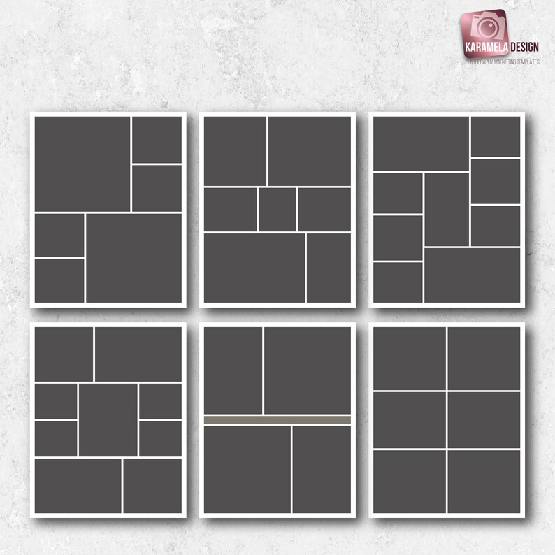 May include: Six different photo collage templates with white borders and a gray background. Each template has a different layout of squares and rectangles.