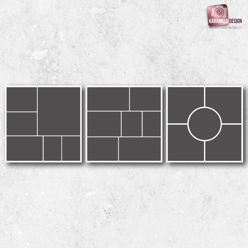 Pu&ograve; includere: Tre modelli di collage fotografico in bianco e nero con layout diversi. Il primo modello ha 9 quadrati, il secondo ha 10 quadrati e il terzo ha 8 quadrati con un cerchio al centro.