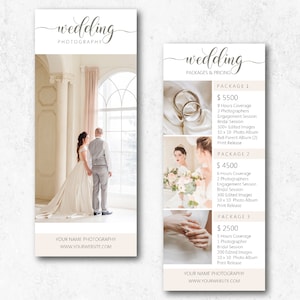 Modelo de cartão de suporte para fotografia de casamento, folheto de fotografia, lista de preços de pacotes de casamento, modelo de guia de preços para fotógrafos