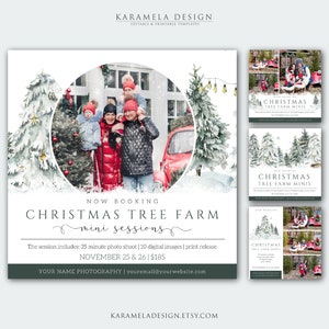 May include: A promotional graphic for Christmas tree farm mini photo sessions. The graphic features a family of four standing in front of a red car with a Christmas tree behind them. The text reads "Now Booking Christmas Tree Farm Mini Sessions" and includes the date and price of the sessions.