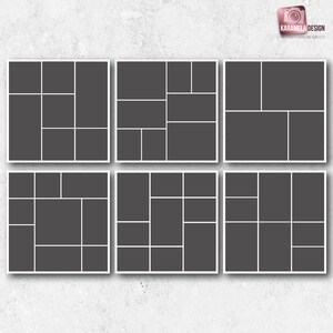 Pu&ograve; includere: Un modello di collage con sei layout diversi, ognuno con una griglia di quadrati bianchi su uno sfondo grigio scuro. Il modello &egrave; perfetto per creare collage di foto o altri progetti visivi.