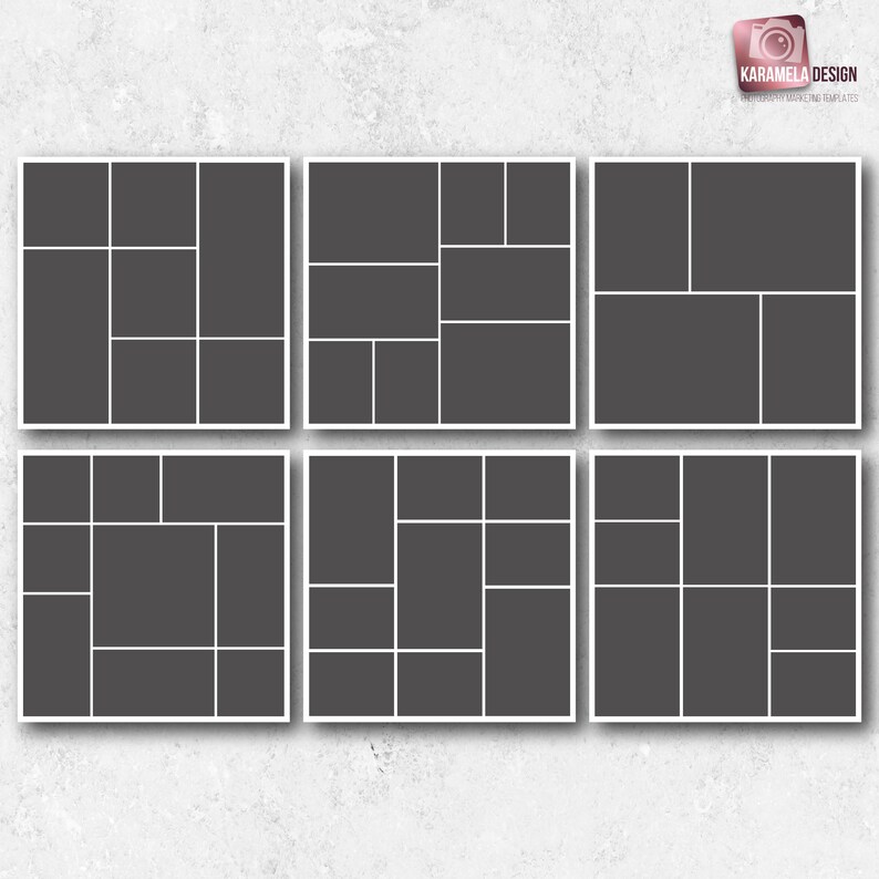 Pu&ograve; includere: Un modello di collage con sei layout diversi, ognuno con una griglia di quadrati bianchi su uno sfondo grigio scuro. Il modello &egrave; perfetto per creare collage di foto o altri progetti visivi.