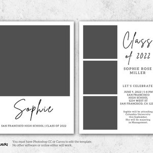 May include: A graduation announcement template with a photo placeholder and text that reads "Class of 2022" and "Sophie Rose Miller". The announcement includes details about the graduation ceremony, including the date, time, and location. It also mentions that Sophie will be attending Columbia University in the fall and majoring in Management.