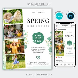 Könnte beinhalten: Eine Werbegrafik für Mini-Fotoshootings im Frühling. Das Design zeigt Kinderfotos, den Text "SPRING mini sessions" und Details zur Sitzung. Ein Mobiltelefon zeigt das gleiche Design. Das Design enthält den Text "KARAMELA DESIGN" und "EDITABLE & PRINTABLE TEMPLATES."