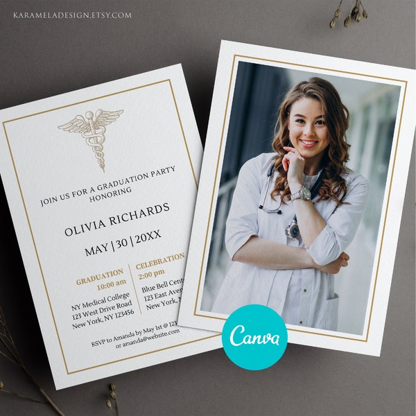 Modern Medical School Graduation Invite Template with Photo, Doctor Graduation Ceremony Invitation, Canva Template