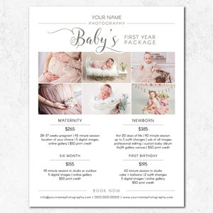 Neugeborenen Fotografie Pakete, Babys erstes Jahr Paket, Fotografie Preisvorlage, Neugeborenen Marketing Board