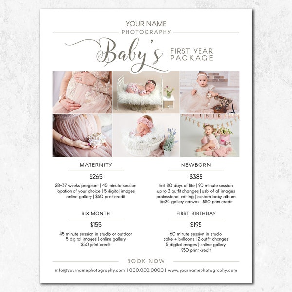Newborn Photography Packages, Baby's First Year Package, Photography Pricing Template, Newborn Marketing Board