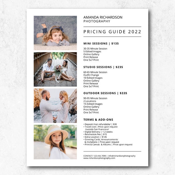 Minimalist Pricing Guide, Photographer Pricing Template, Photo Sessions Price List, Photography Packages, Letter Size & A4