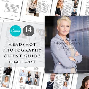 Op de afbeelding: Een 14-pagina's tellende klantengids voor portretfotografie. De omslag toont een vrouw in een grijs colbert met gekruiste armen. De gids bevat informatie over de fotograaf, wat er in een professionele portretsessie is inbegrepen, investering, laatste tips en algemene voorwaarden.