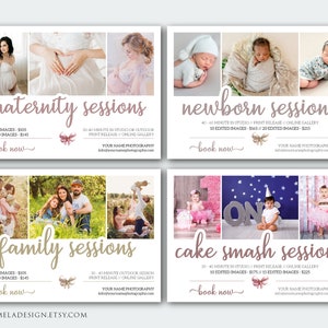 Paquete de marketing para sesiones fotográficas, sesiones de maternidad, sesiones para recién nacidos, mini sesiones de smash cake, Photoshop, plantillas de Canva para fotógrafos