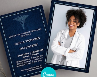 Modern and Elegant Navy Blue Medical School Graduation Ceremony Invitation | Nurse Graduation Invitation | Canva Template