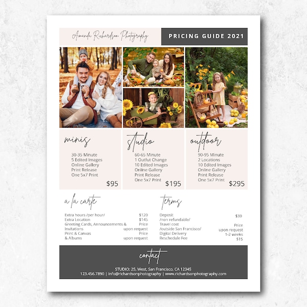 Photo Sessions Pricing Guide Template Photographer Price List Price Sheet Template A4 & Letter Size Canva Template Photoshop Template