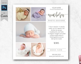 Newborn Photo Sessions Marketing Board for Photographers Newborn Mini Sessions Template PHOTOSHOP & CANVA