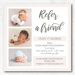 Modèle de carte de recommandation de photographie de nouveau-né, modèle Photoshop pour photographes, conseil de commercialisation d'un ami