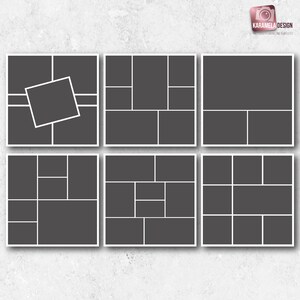 Pu&ograve; includere: Un set di sei modelli di collage fotografico in bianco e nero con diversi layout. Ogni modello &egrave; un quadrato con un bordo bianco e una griglia di quadrati neri per le foto.