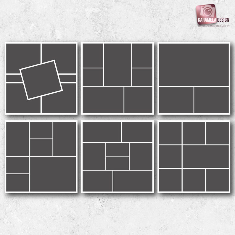 Pu&ograve; includere: Un set di sei modelli di collage fotografico in bianco e nero con diversi layout. Ogni modello &egrave; un quadrato con un bordo bianco e una griglia di quadrati neri per le foto.