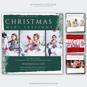 Peut inclure: Une affiche de mini-séances de Noël verte et blanche avec une photo de trois enfants dans différents décors de fête. L'affiche comprend le texte "NOW BOOKING", "CHRISTMAS MINI SESSIONS", "The session includes: 35 minute photo shoot | 10 digital images | print release", "NOVEMBER 25 & 26 | 185 €", "YOUR NAME PHOTOGRAPHY", "youremail@yourwebsite.com", et "KARAMELADESIGN.ETSY.COM".
