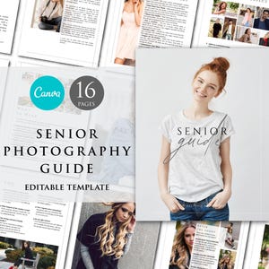 Op de afbeelding: Een digitale gids voor seniorenfotografie met een Canva-logo en de tekst "16 pagina's" op de omslag. De gids is getiteld "Senior Photography Guide" en bevat de tekst "Editable Template". De omslag toont een foto van een jonge vrouw met rood haar die een wit T-shirt en jeans draagt.