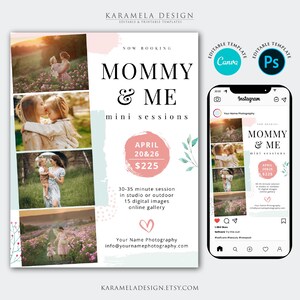 以下が含まれることがあります： ピンクとグリーンのチラシで、白い背景に「Mommy & Me」ミニフォトセッションの広告が掲載されています。チラシには、母親と子供の写真のコラージュ、日付、価格が掲載されています。チラシの上部には「NOW BOOKING」の文字があります。