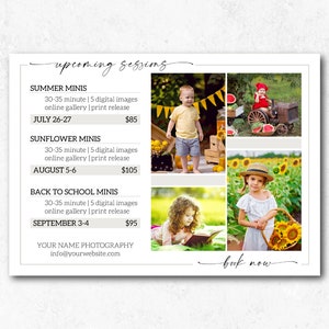 Bevorstehende Sitzungen Fotografie Vorlage, Photoshop Vorlage für Fotografen, Sitzungstermine Marketing Board, Fotografie Flyer