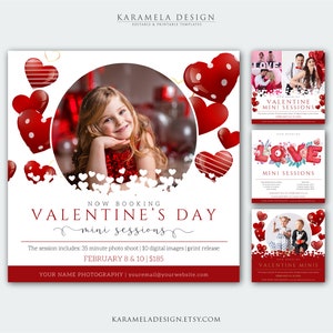 May include: A promotional graphic for Valentine's Day mini photo sessions. The design features a young girl surrounded by red heart-shaped balloons. Text includes "Valentine's Day mini sessions" and session details. Additional promotional graphics are also included.