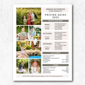 May include: A pricing guide for Amanda Richardson Photography, featuring different photo session packages, including minis, in-studio, outdoor, and a la carte options. The guide includes pricing information, session details, and terms and conditions.