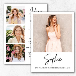 May include: A graduation announcement featuring a photo of a young woman in a pink dress. The announcement includes the graduate's name, "Sophie", and the text "SAN FRANCISCO HIGH SCHOOL | CLASS OF 2022".