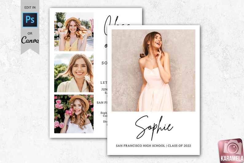 May include: A graduation announcement featuring a photo of a young woman in a pink dress. The announcement includes the graduate's name, "Sophie", and the text "SAN FRANCISCO HIGH SCHOOL | CLASS OF 2022".