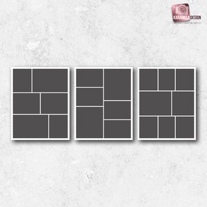 May include: Three white picture frames with black mats and a collage layout. Each frame has a different arrangement of rectangular spaces for photos.