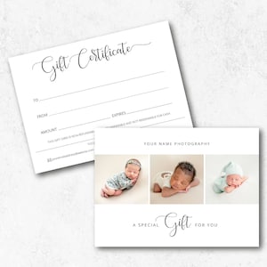 Modèle de carte-cadeau pour photographe Chèque-cadeau pour photographie de nouveau-né Chèque-cadeau modifiable Photoshop et Canva