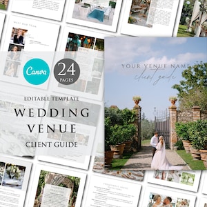 Puede incluir: Una plantilla de guía para clientes de un lugar de celebración de bodas con 24 páginas. La portada presenta a una pareja de pie frente a una puerta con un exuberante jardín verde en el fondo. El texto de la portada dice "El nombre de tu lugar Guía para clientes".