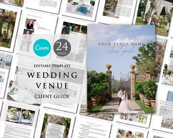 Peut inclure: Un modèle de guide client pour un lieu de réception de mariage avec 24 pages. La couverture présente un couple debout devant une porte avec un jardin verdoyant en arrière-plan. Le texte sur la couverture indique "Votre Nom de Lieu Guide Client".