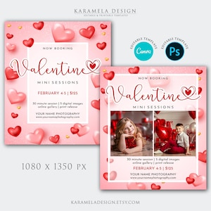 Puede incluir: Anuncio de mini sesiones de fotos de San Valentín en rosa y rojo con corazones y confeti. El texto dice "Reservando ahora Valentine Mini Sessions Febrero 4-5 | 125 $ 30 minutos de sesión | 5 imágenes digitales galería en línea | autorización de impresión Tu Nombre Fotografía www.yournamephotography.com"