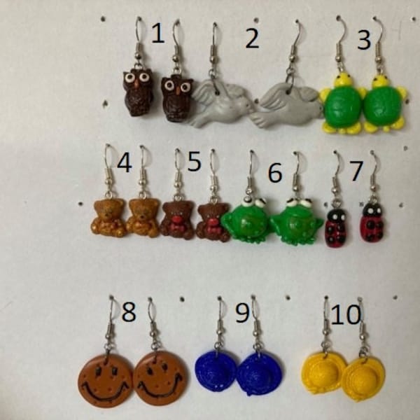 boucle d'oreille fimo hibou,oiseau,tortue,grenouille,ourson colombe