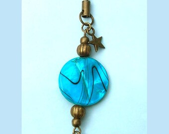 Bronze Juwel der Tasche, eine große Runde blaue Schale Pearl, Charme, einen Stern und eine große Feder