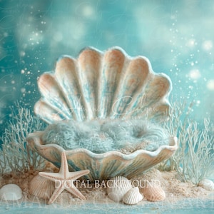 May include: A digital background featuring a large seashell with a light blue interior, filled with soft, fluffy material. A starfish and several seashells rest on the sand in front of the shell. The background is a soft blue with sparkling effects.
