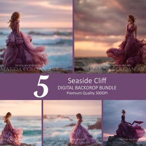 Könnte beinhalten: Ein digitales Hintergrundpaket mit fünf Bildern einer Frau in einem lila Kleid auf einer Klippe am Meer. Die Bilder haben eine weiche, verträumte Ästhetik mit einem Sonnenuntergangshimmel und Meereswellen. Der Text lautet "Seaside Cliff" und "Digital Backdrop Bundle".
