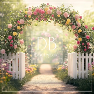 Spring Digital Background | Easter Digital Backdrop | Rose Floral Arch, Pink & Yellow Roses | Fine Art Digital Background for Composites