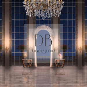 May include: A grand ballroom with tall windows, a large chandelier, and two tables with candles. The windows look out onto a night sky with stars. The text "DB background" is visible in the center of the image.