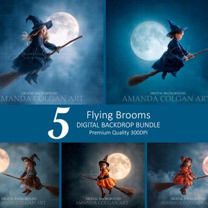 May include: A digital backdrop bundle featuring five images of children dressed as witches flying on broomsticks in front of a full moon. The text reads "Flying Brooms DIGITAL BACKDROP BUNDLE Premium Quality 300DPI". The artist's name is "AMANDA COLGAN ART".