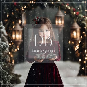 May include: A young person in a burgundy velvet dress, holding small decorative wreaths, stands in a snowy scene. The background features lanterns and twinkling lights, with the text "DB background" overlaid on the image. The overall theme is festive and wintery.