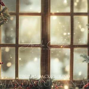 Christmas Digital Backdrop | Window with Mistletoe Digital Background | Winter, Snow, Composite