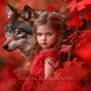 May include: A digital background featuring a young girl in a red dress with a wolf. The image is surrounded by red foliage. The text "DIGITAL BACKGROUND AMANDA COLGAN ART" is visible at the bottom.